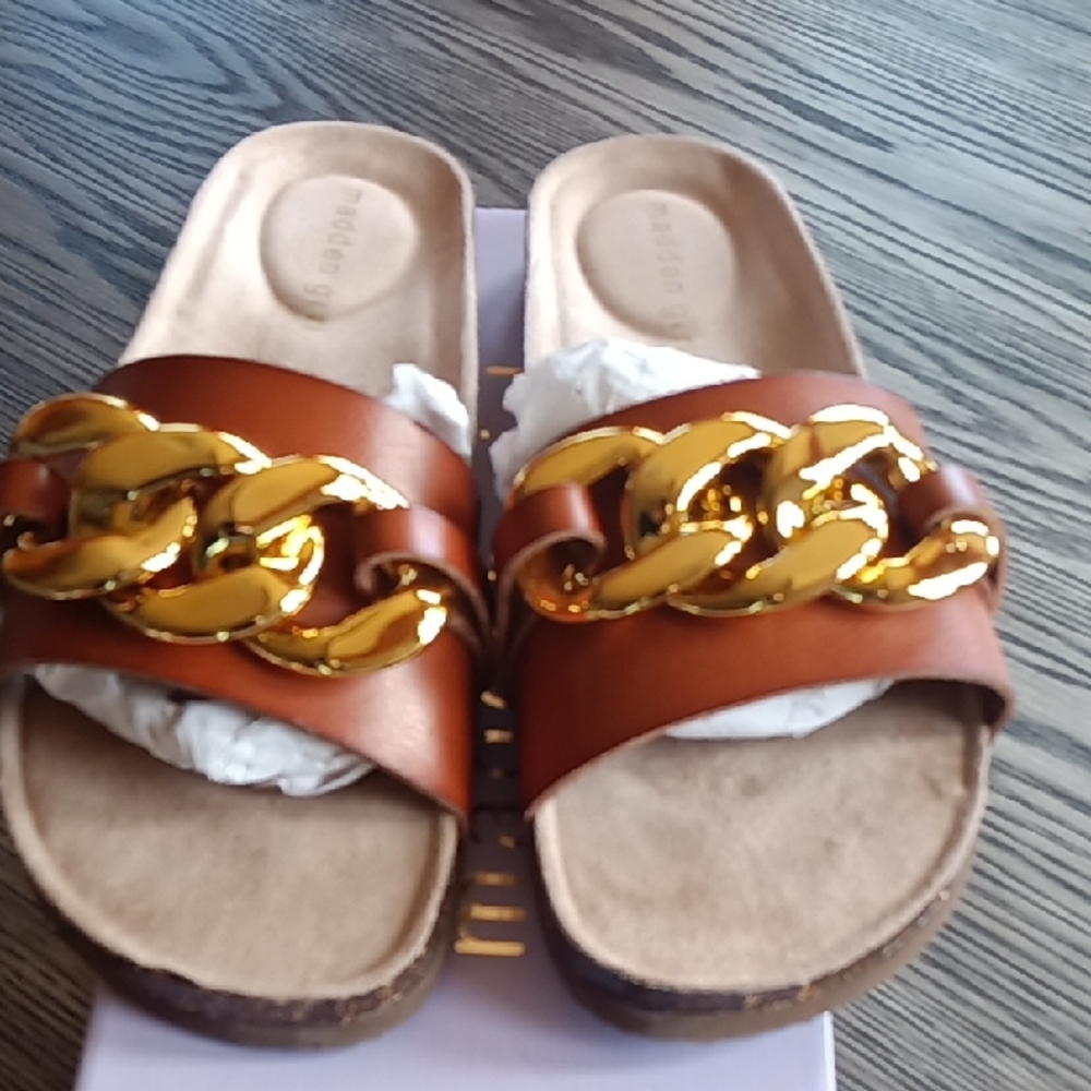 Steve Madden Brown and Gold Mules with Chain Accent